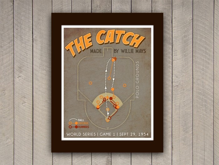 Baseball Print "The Catch" 16x20 Infographic Baseball Poster in Grey, Brown, Orange, Yellow