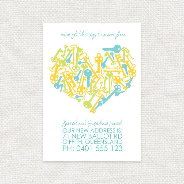 key heart new home custom moving announcement postcard - printable file
