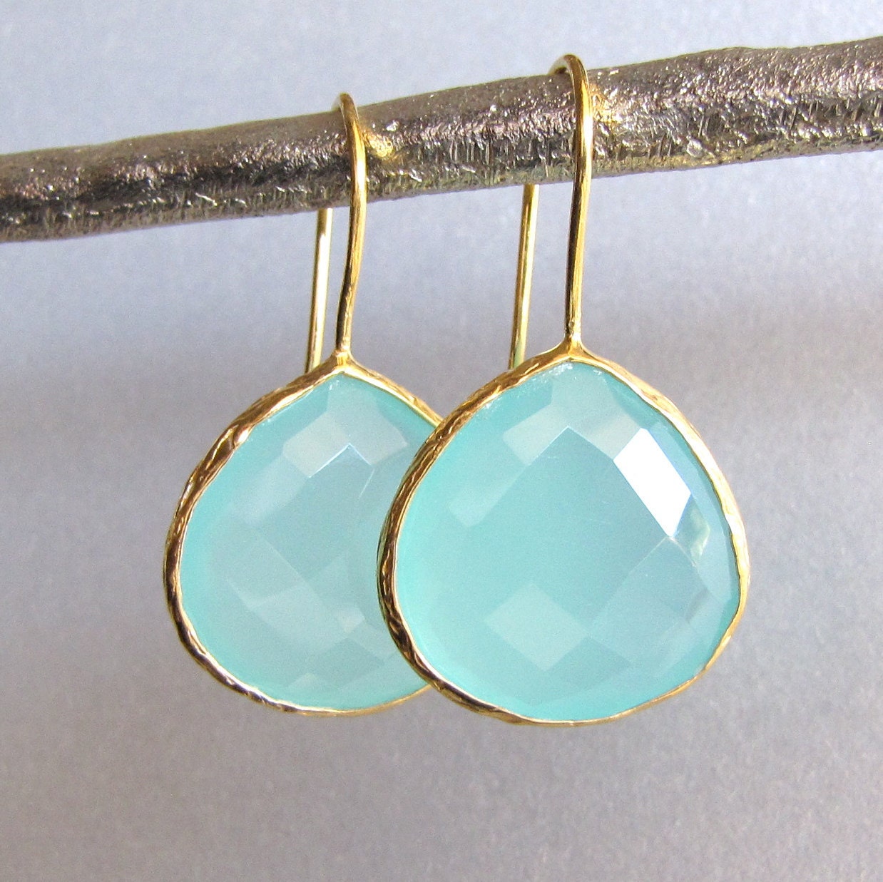 Gold Teardrop Aqua Chalcedony Earrings