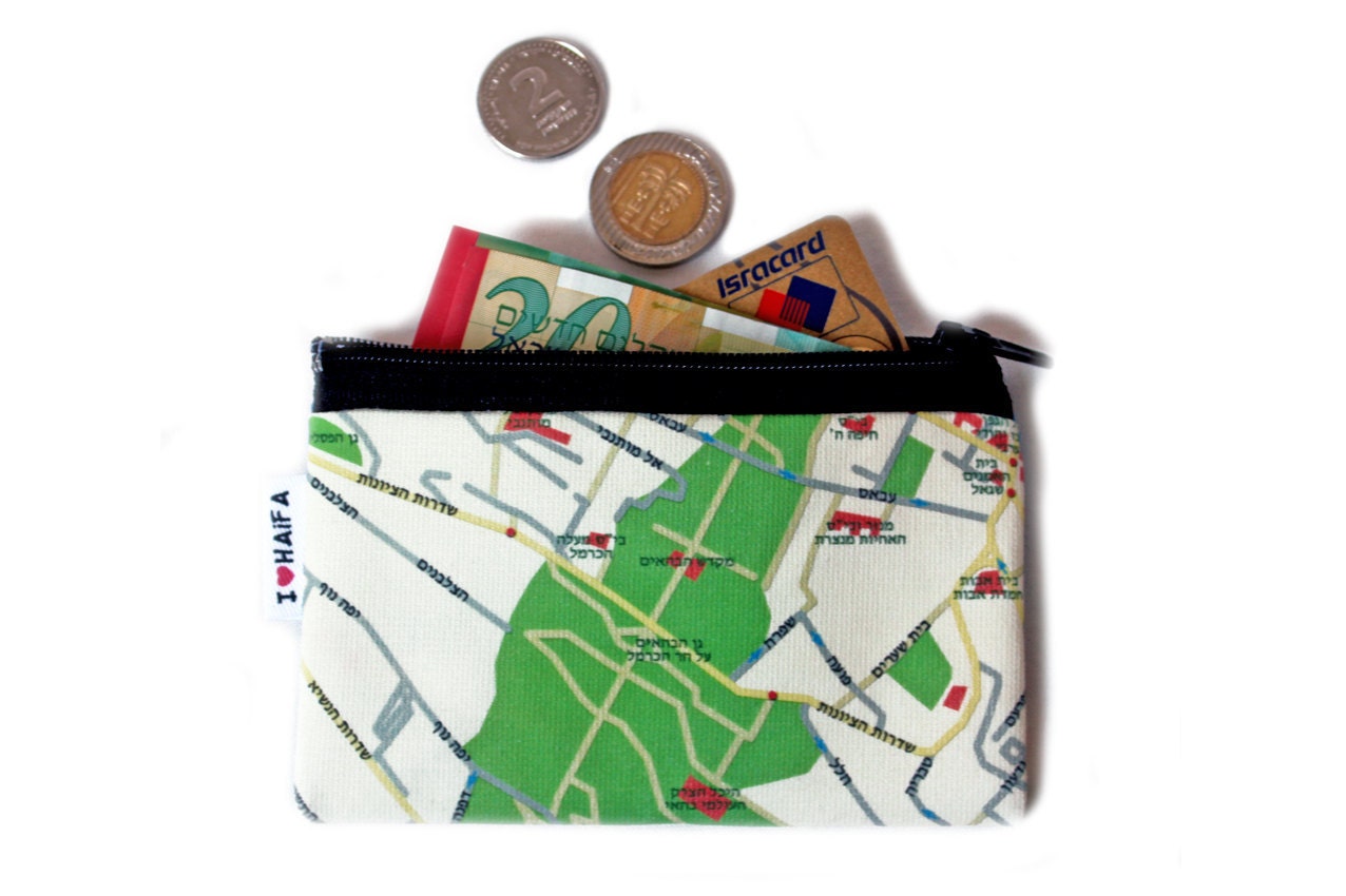HAIFA MAP WALLET - a souvenir from Haifa Israel with the Bahai gardens and Bat galim area