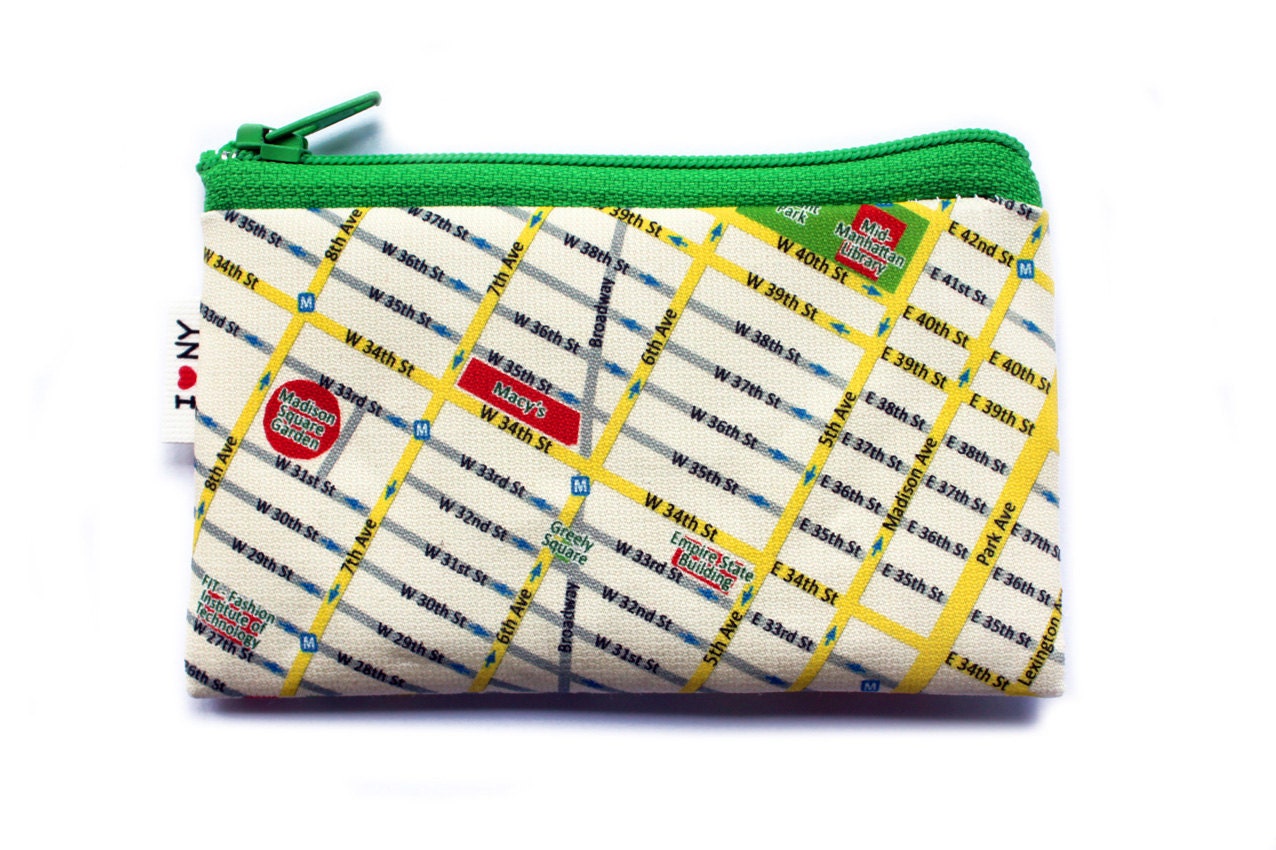 Cute New York city coin purse wallet with green zipper - I love NY Map Wallet