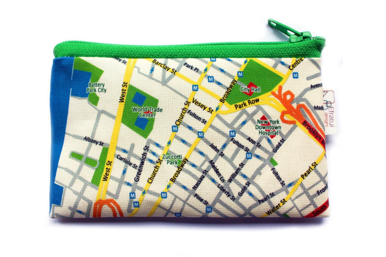 Cute New York city coin purse wallet with green zipper - I love NY Map Wallet