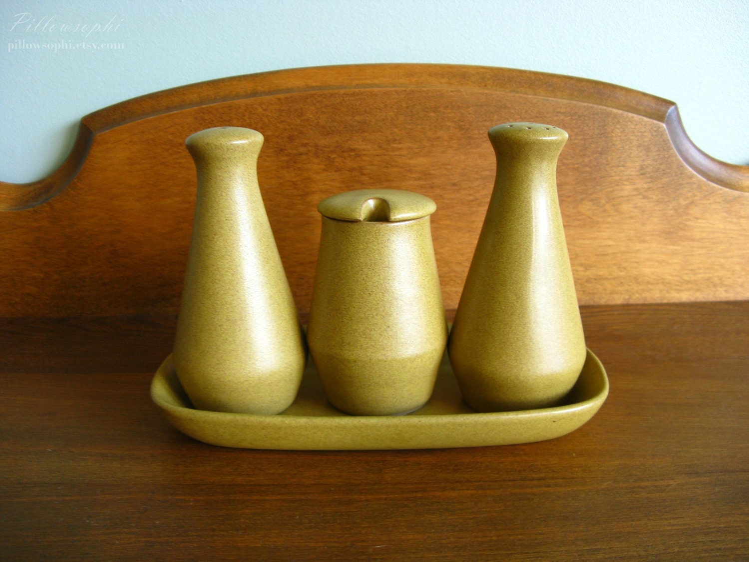 Denby Ode Cruet Set Golden Yellow 70's Mod Salt Pepper Mustard Pot Tray Retro Kitchen Decor