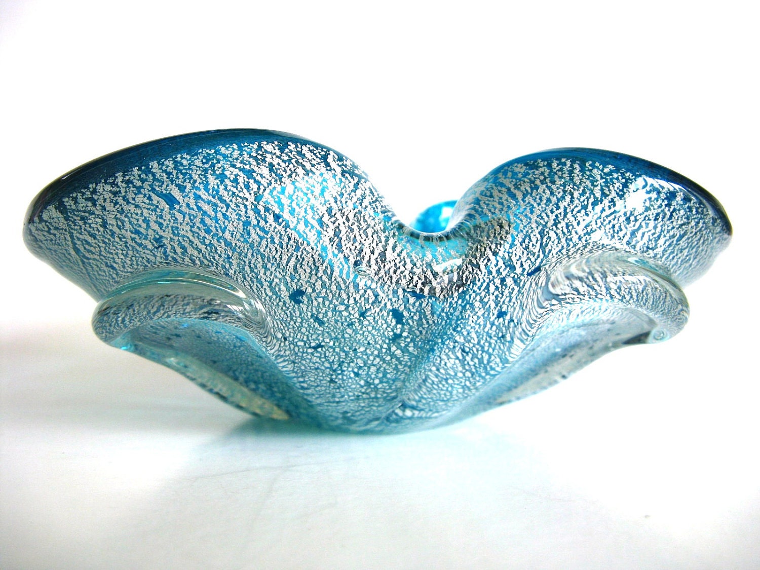 Vintage Glass Ashtray Bright Blue With Silver Flecks and Green Stripes Maybe Murano