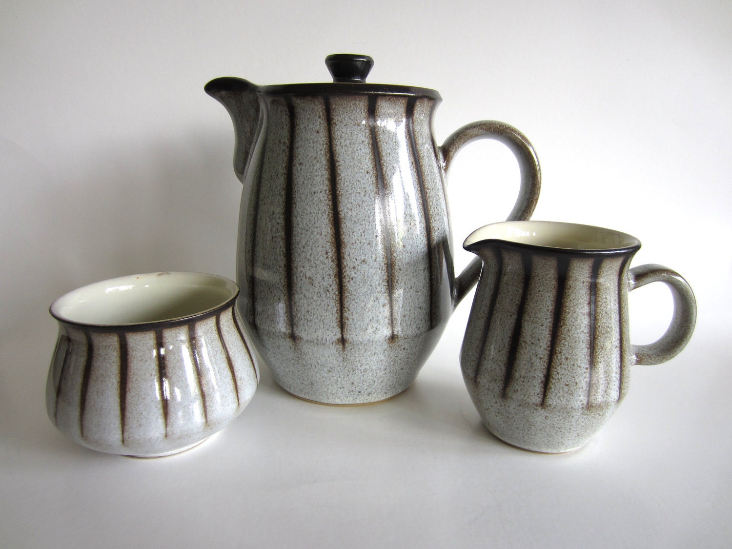 Denby Studio Coffee Set Mid Century Modern Grey Striped English Stoneware Pot Creamer Sugar