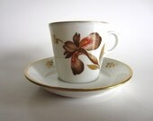 Royal Copenhagen Vintage Demitasse Cup Saucer 50's Brown Iris Gold Gilt Gilded Danish White Porcelain