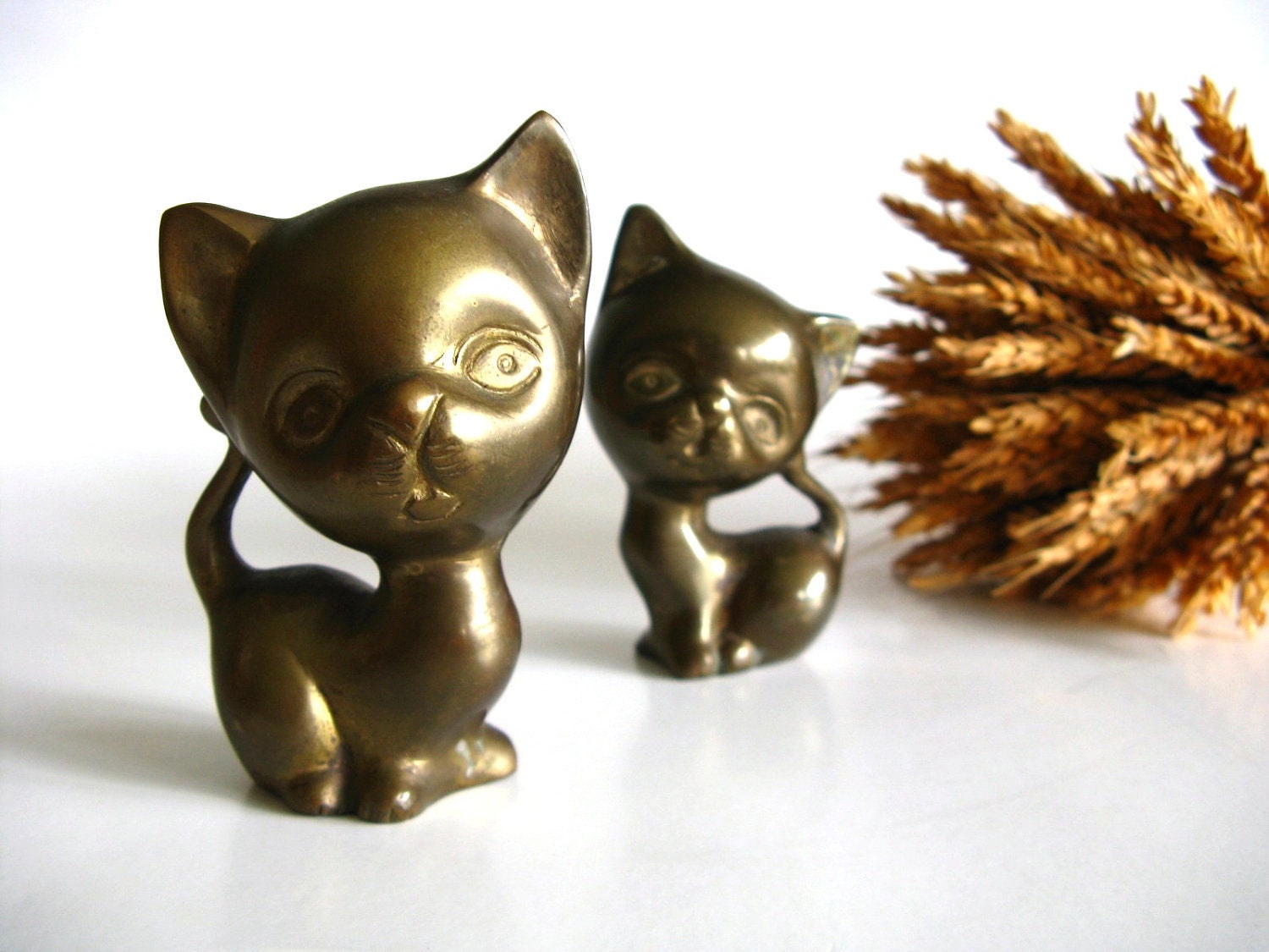 Vintage Brass Cats Set of Two Kittens Mid Century Cute Halloween Decor