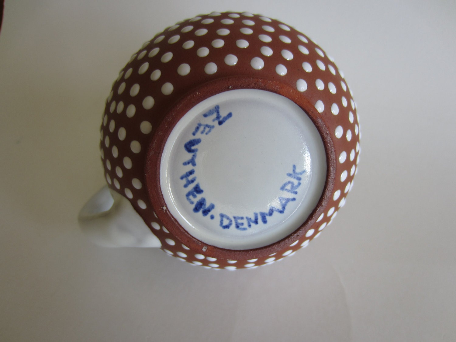 Zeuthen Denmark Pitcher Redware with White Polka Dot Glaze Mid Century Modern Scandinavian Pottery