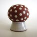 Zeuthen Denmark Cruet Set Salt and Pepper Shakers Mushroom Toadstool Redware White Polka Dot Glaze Mid Century Modern Scandinavian Pottery