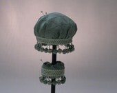 Pin Cushion Large Black Metal 2 Tier Base with 2 pin cushions in aqua diamond weave fabric and fun pom pom fringe