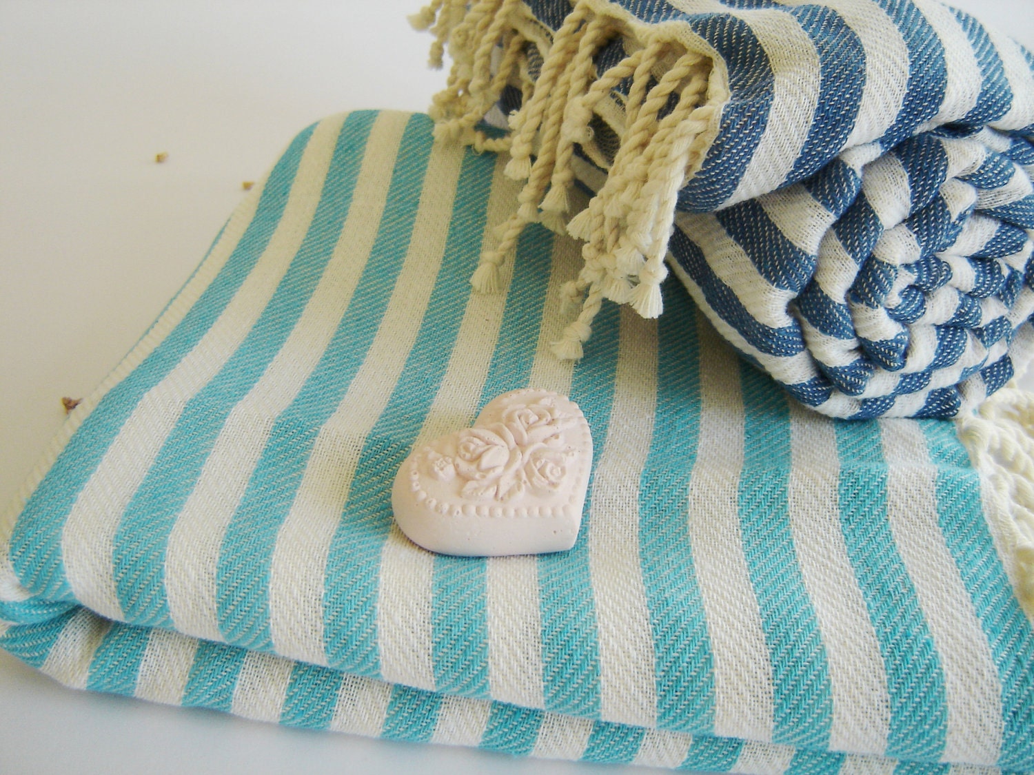 SALE Set of 2 Turkish Bath Towel: Handwoven Peshtemal, Bath, Beach, Spa Towel, Aqua and Blue