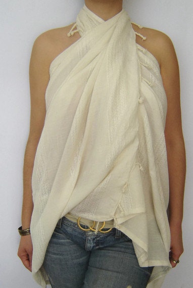 Organic Silk-Cotton Elegant Beach Towel, Pareo, Sarong, on the boat, Peshtemal, White