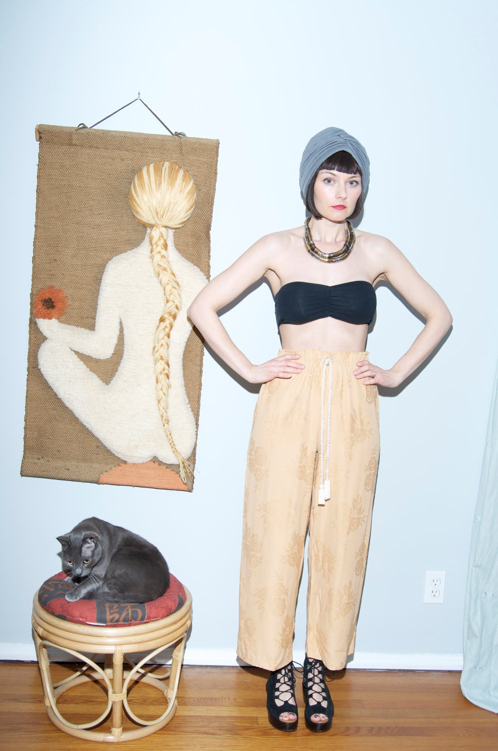 Jacquard Pajama Wide Leg Pants w/ Tassel Sash