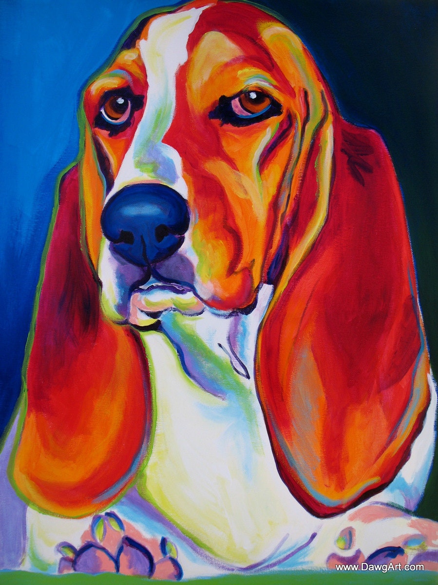 Colorful Pet Portrait Basset Hound Dog Art Print 8x10 by Alicia VanNoy Call