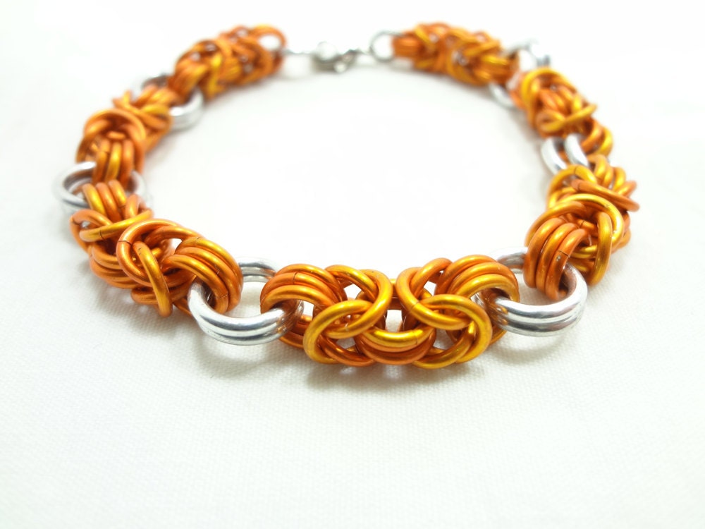 Byzantine Chainmaille Bracelet Orange And White Anodized Aluminum