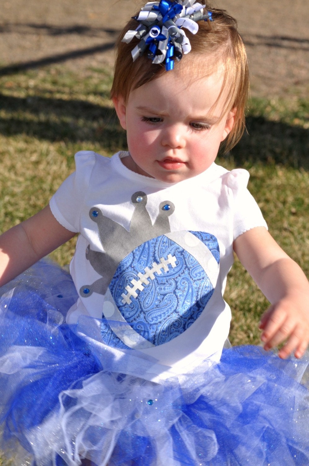 Team Spirit Boutique Style Tutu and Football Princess Tee - Blue, Silver/Grey and White - Newborn, Toddler, Youth