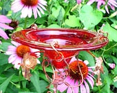 Garden BUTTERFLY FEEDER, stained glass and copper, Red