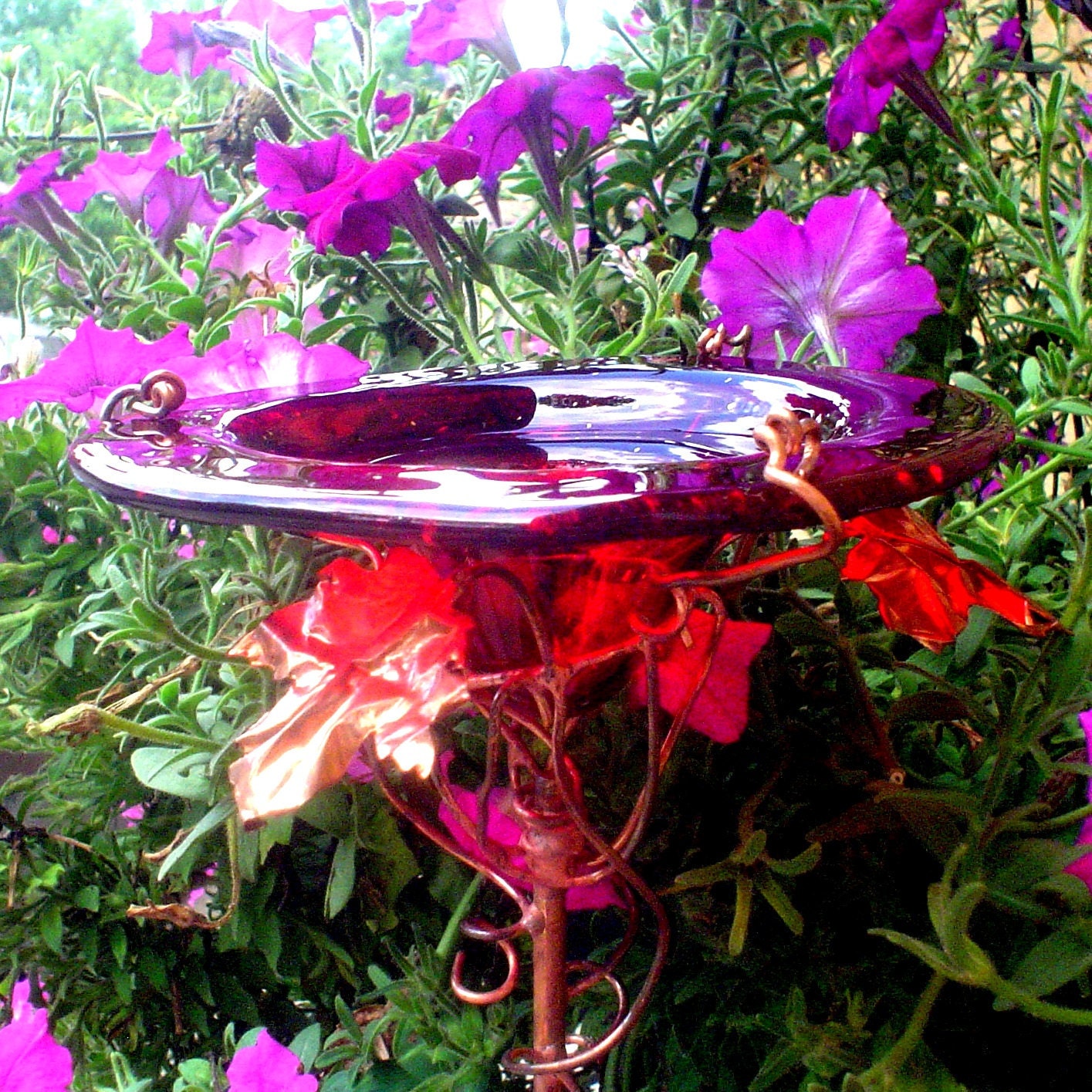BUTTERFLY FEEDER. stained glass, copper, Red, 18K Gold