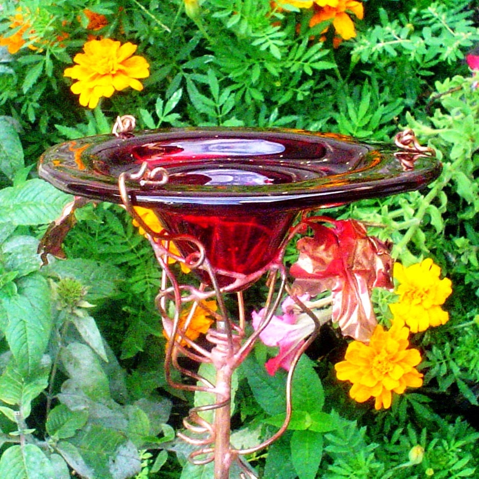 BUTTERFLY FEEDER. stained glass, copper, Red, 18K Gold