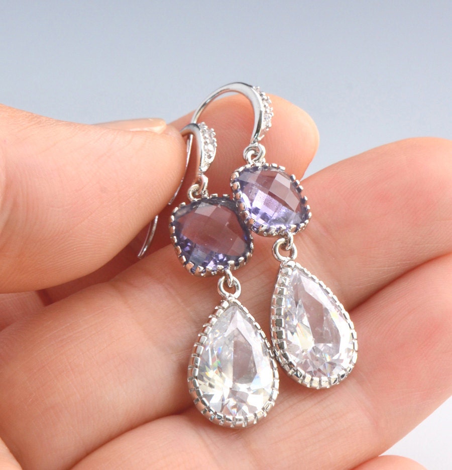 Wedding Jewelry - Silver Earrings with Cubic Zirconia and Tanzanite Glass Stones - Bridal - Simple and Elegant