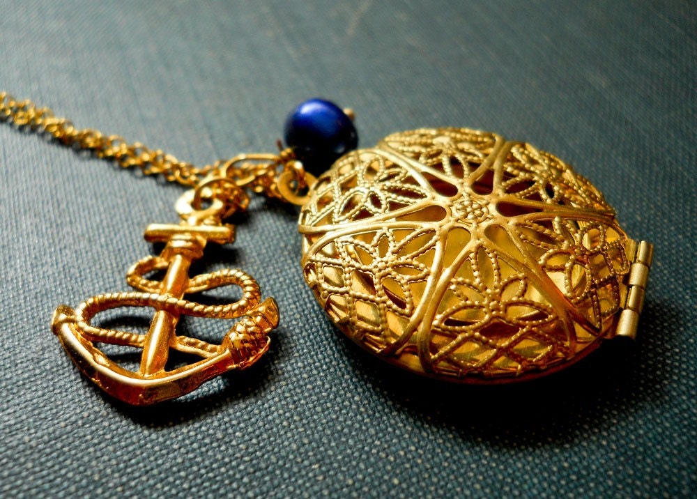 Nautical Brass Locket with Anchor Charm & Navy Blue Freshwater Pearl... Maritime Nostalgia