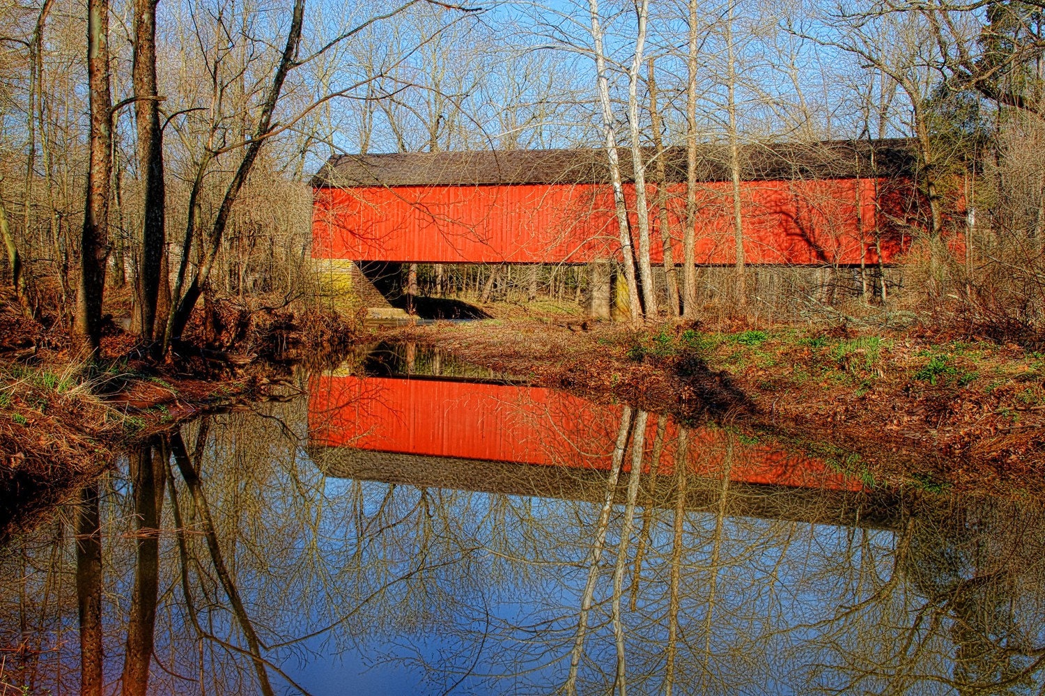 Rustic Photography - Covered Bridge - Reflection - Country - Landscape - Bucks County - River - Art - HDR Photograph - Art Print - 6X9