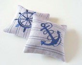 Lavender Sachets  NAUTICAL - Set of Two Blue Embroidered  Linen Cushions - tbteam