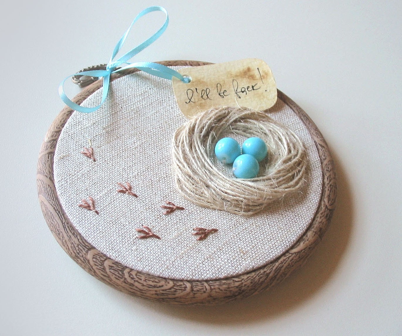 Organic Hand Embroidered Wall Hanging Nest with Robin Eggs- I WILL BE BACK - tbteam