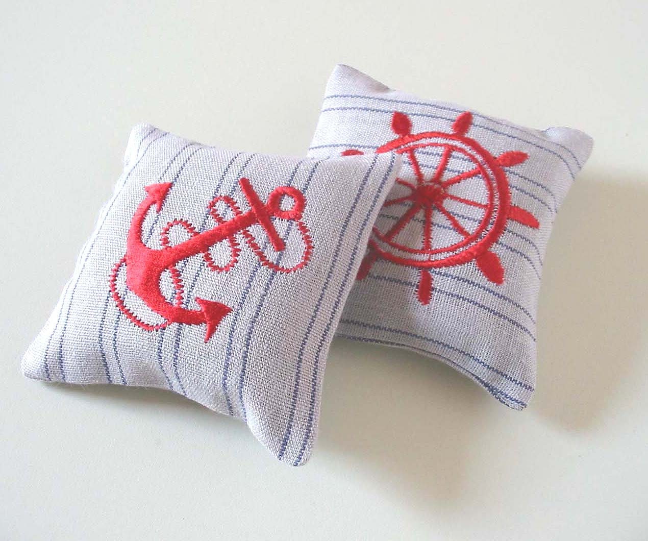 Organic Lavender Sachets NAUTICAL - Set of Two Red Embroidered Linen Cushions
