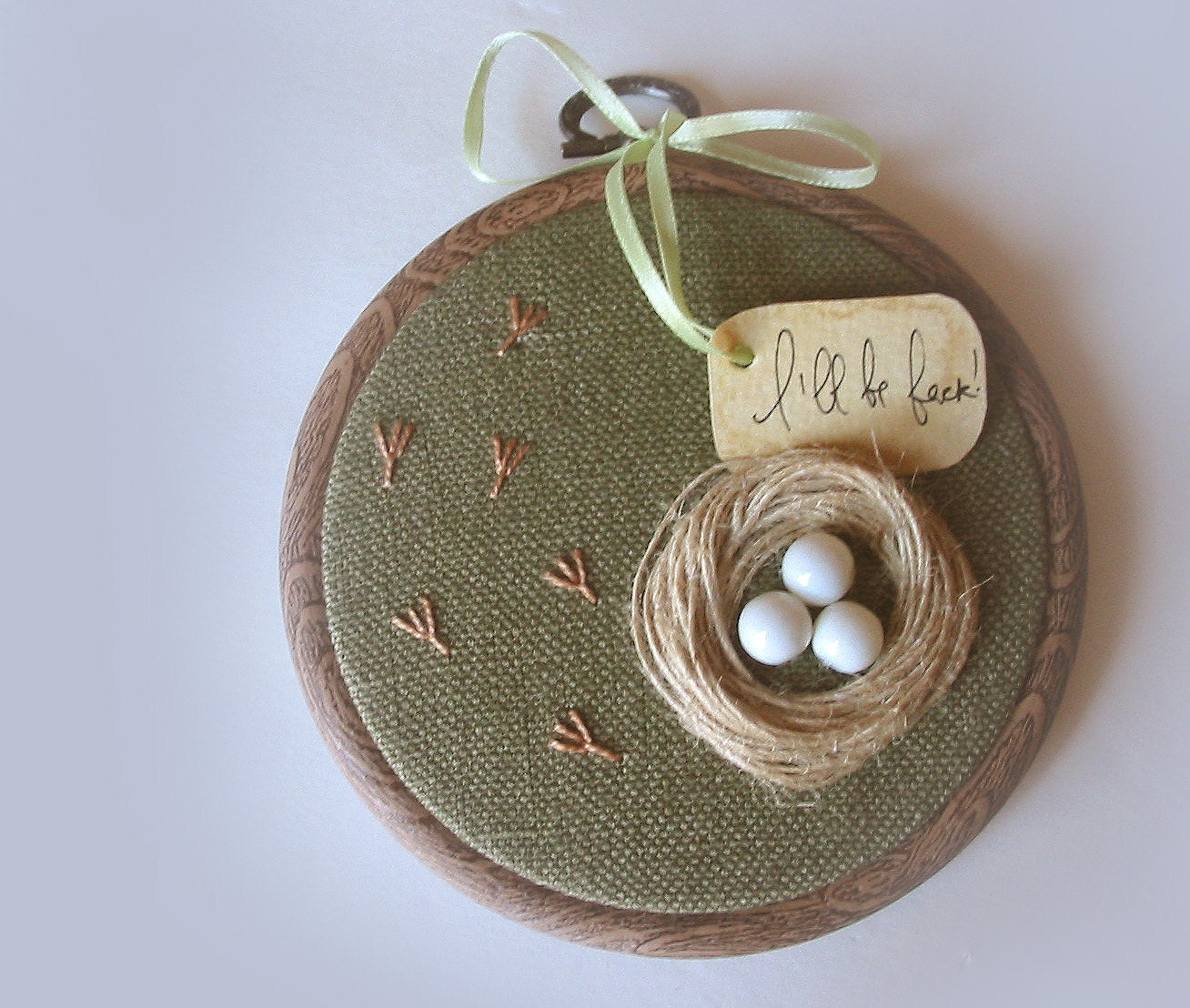 Organic Olive Hand Embroidered Wall Hanging Nest with White Eggs- LILLY'S NEST - tbteam - RESERVED