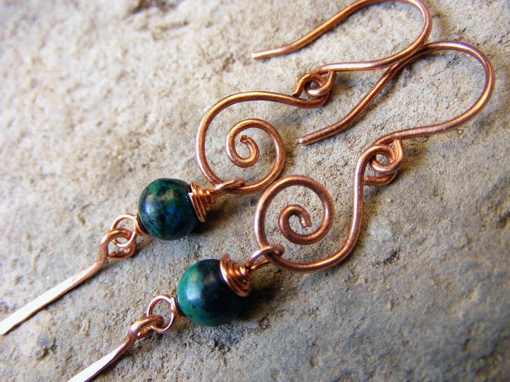 Copper swirls, spring sale,hammered wire wrapped copper, antique hoops earrings,chrysocolla gemstone,September birthstone,boho eco friendly