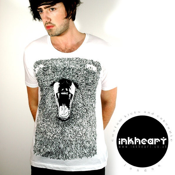 SALE T Shirt - Black & White GRIZZLY BEAR - Limited Edition Original Illustration - Scoop Neck 100% Cotton T