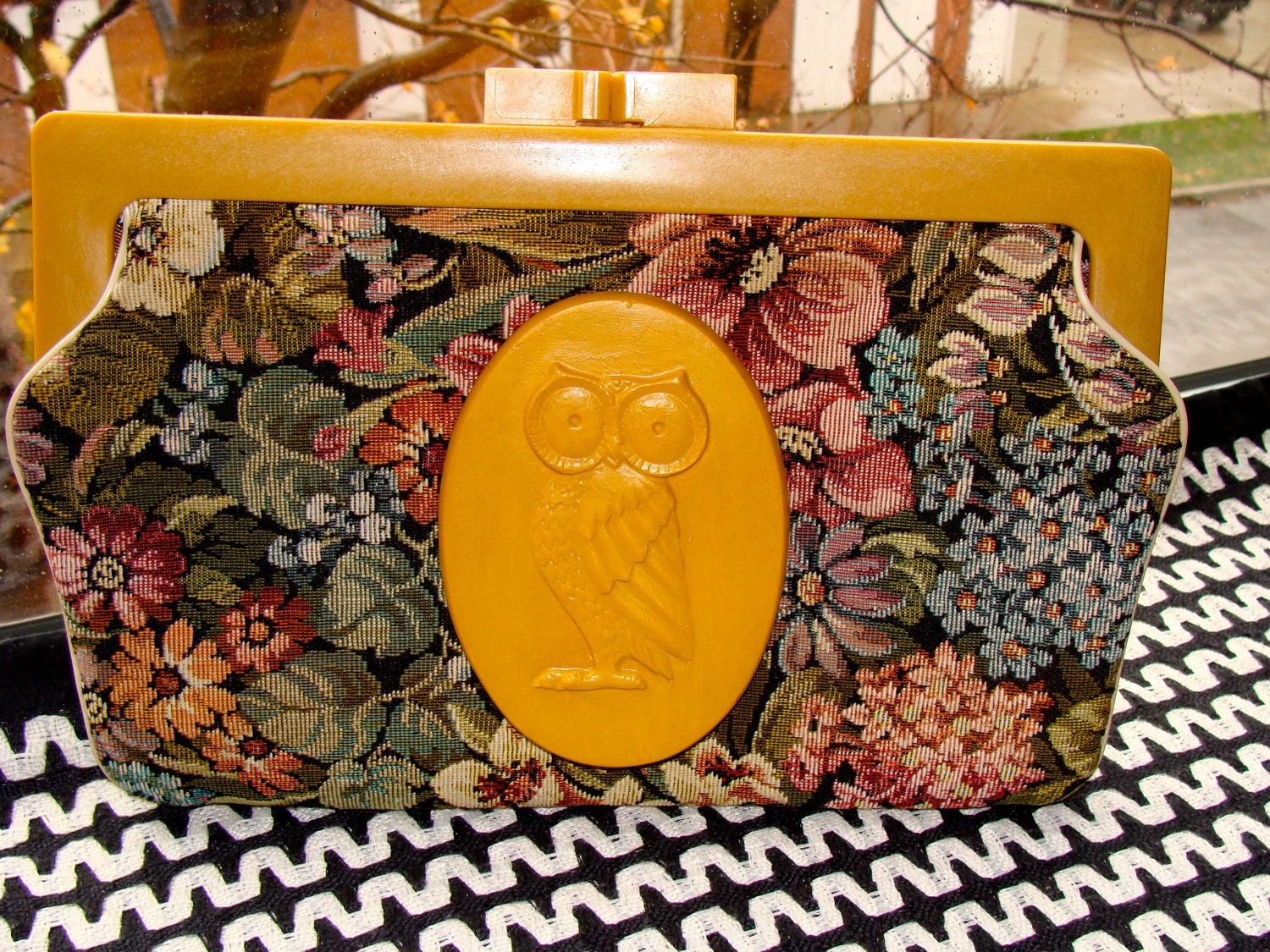 Vintage 1970s Tapestry with Plaster Owl Clutch