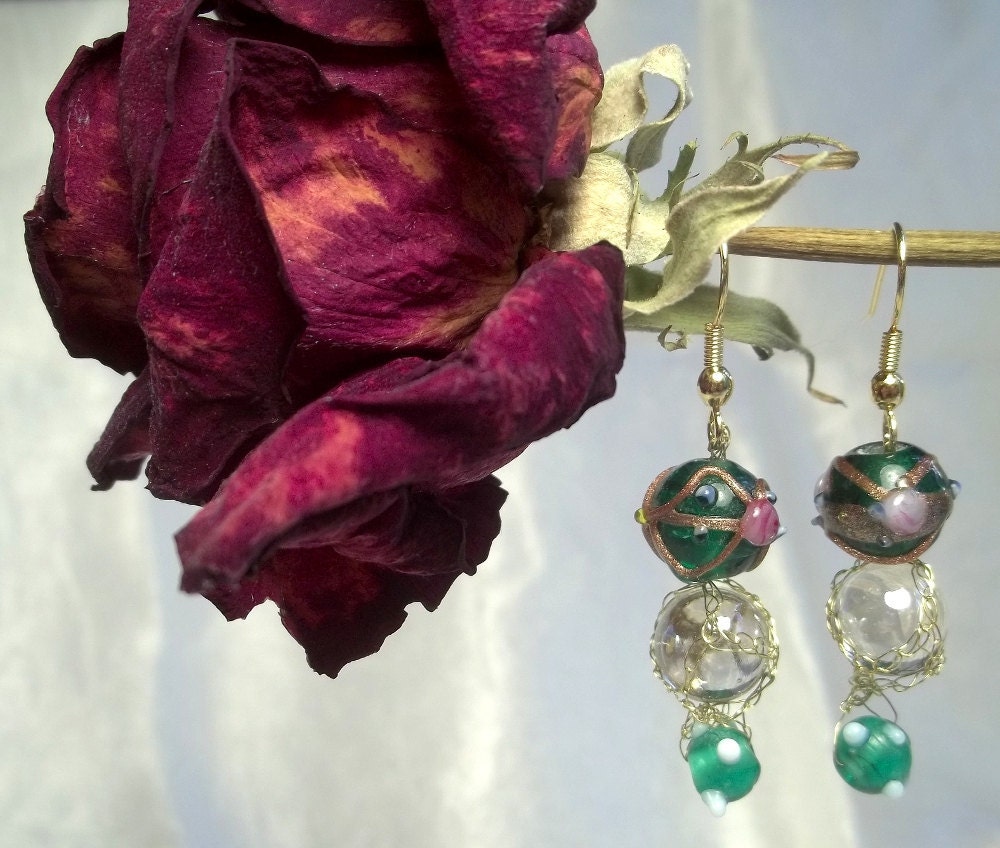 Green and Gold Lampwork Bubble Earrings