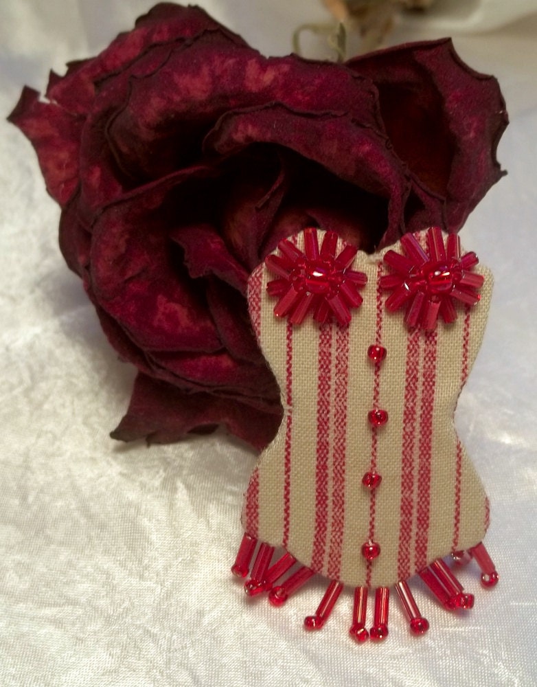 Burlesque Corset Brooch Pin Red Ticking Stripe