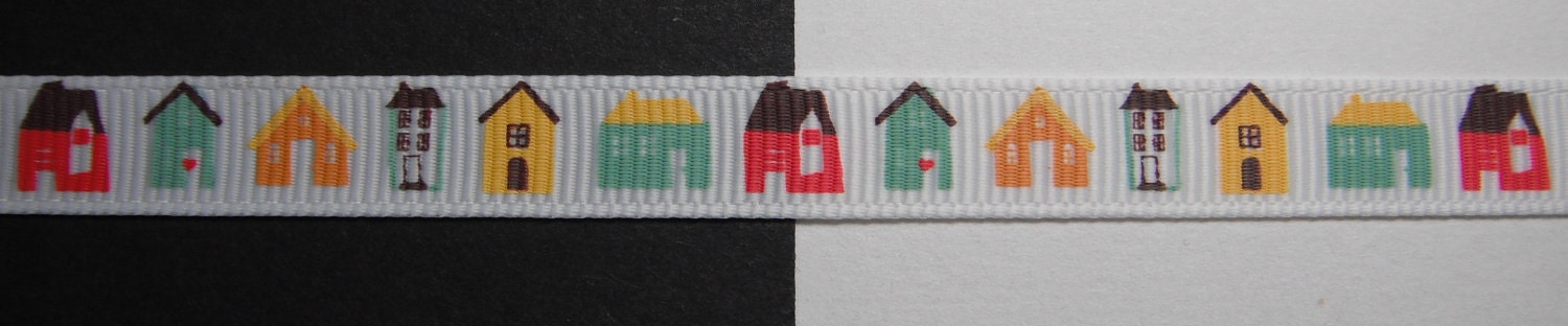 White, Sea Blue Green, Brown, Tan, Red & Yellow Mod Retro Houses Home Printed Grosgrain Ribbon 3/8