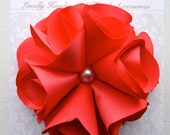 Bright Coral  Flower Hair Clip with Pearl - Flower Clip -Satin Rose Hair Clip - Flower Hair Piece
