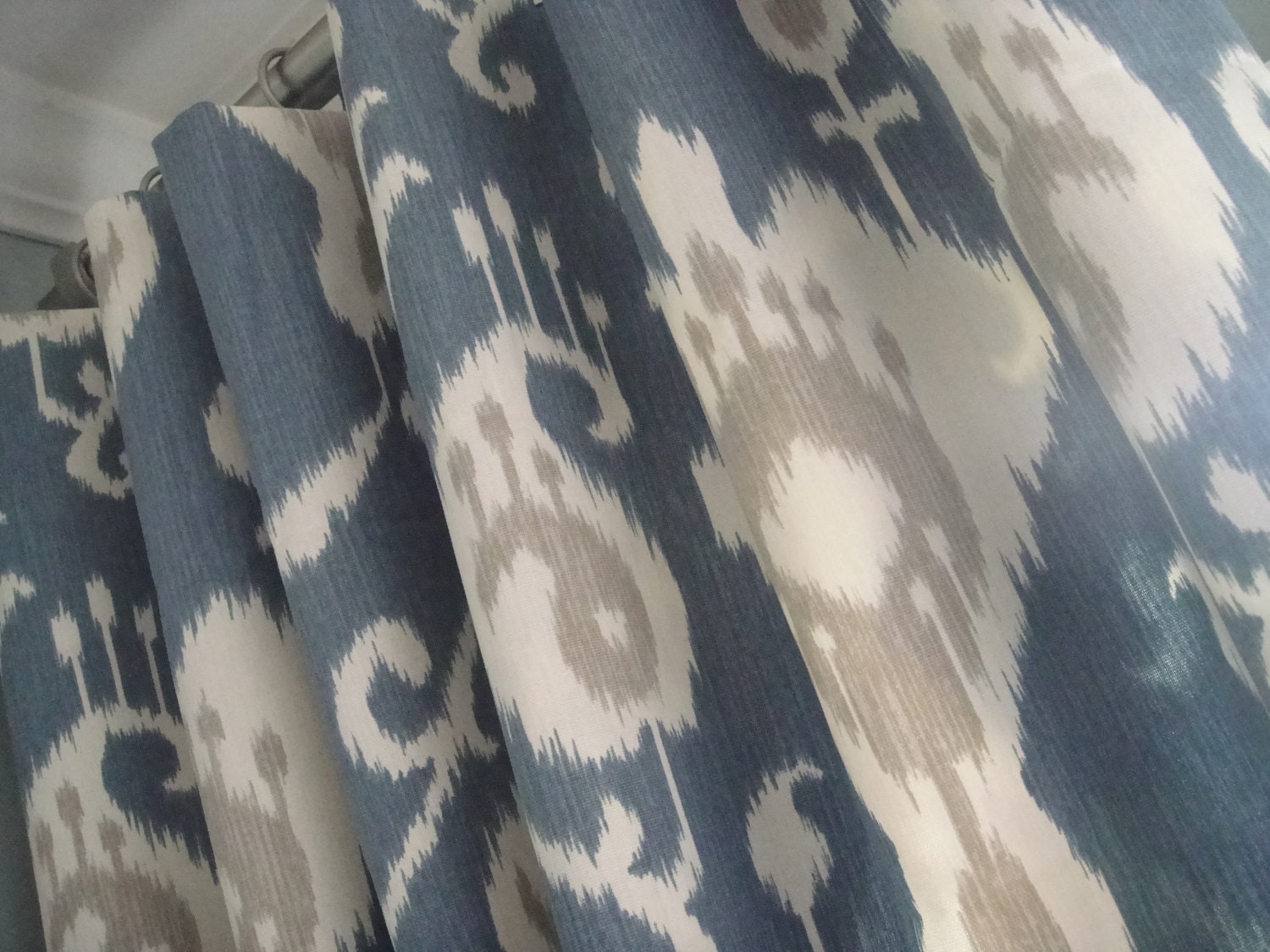A Pair Of 50x90 Flat Panels On Clip Rings /Rod Pocket Draperies In Ikat Yacht Blue