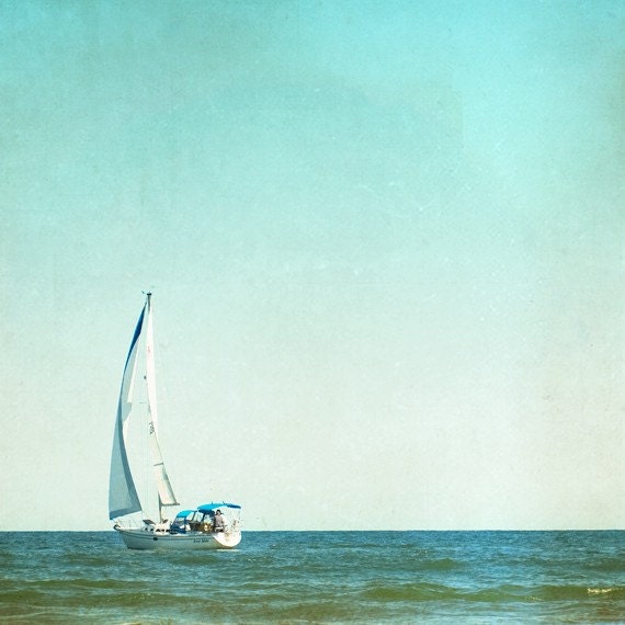 Sailboat Photography - beach sail boat photograph - sea aqua blue nautical ocean photography - wall art beach house teal - 8x8 Photograph