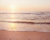 Sunrise Photography - ocean sea coastal wall art beach print summer photo beige light brown pale seashore peach pink cream - 5x7 Photograph