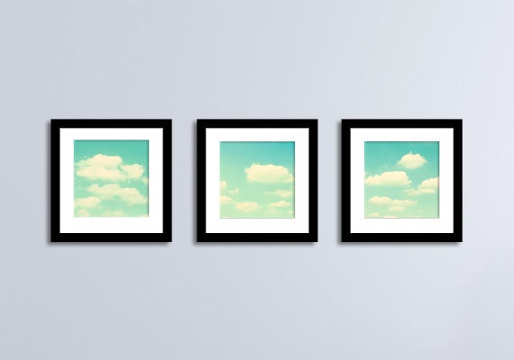 Turquoise Photo Set - clouds sky nursery - teal decor blue green mint pastel - baby boy girl photography prints - Three 5x5 Photographs
