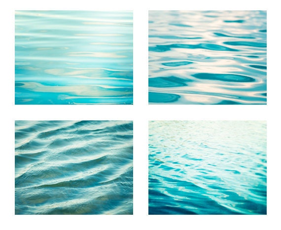 Water Photography Set - ocean sea beach ripples - aqua blue teal turquoise - ocean wall art prints seashore shore - Four 8x10 Photographs