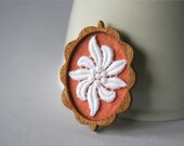 White Vintage Lace Flower on Peach Felt Wooden Brooch, Lace and Mahogany Series