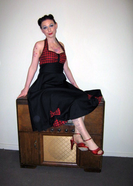 1950s Black Halterneck Dress in a Rockabilly, Retro, Pin up style with Red Check Bodice, Bows and Hem Detail - custom made to fit