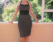 Polka Dot Dress 1950s Inspired Pin up Rockabilly with Sweetheart Neckline, Black Contrast and Pencil Skirt - custom made to fit