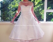 1950's "Annette" White Wedding Dress with Polka Dot Overlay, Sweetheart Neckline, Tea Length Skirt and Petticoat - Custom made to fit