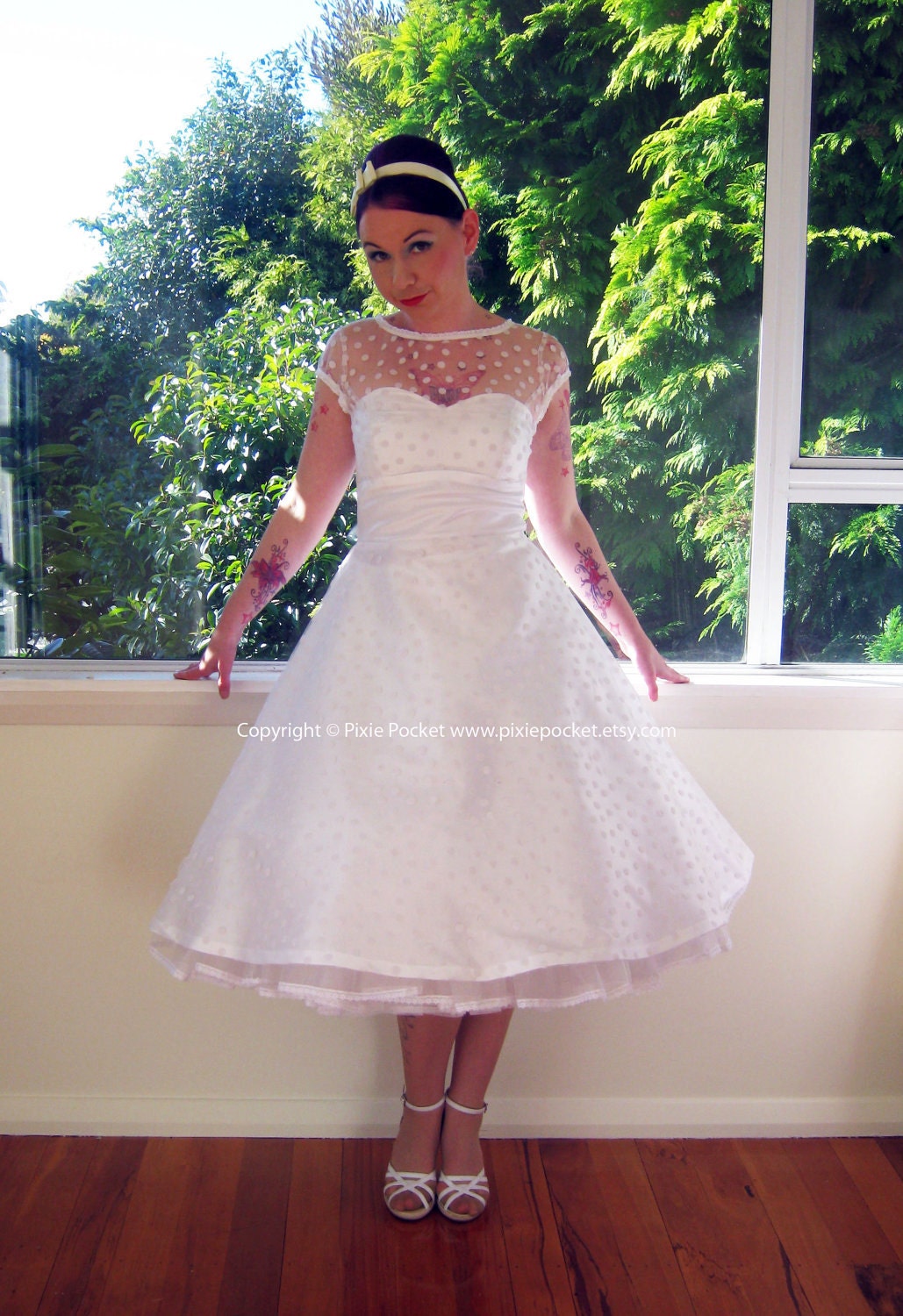 1950's "Annette" White Wedding Dress with Polka Dot Overlay, Sweetheart Neckline, Tea Length Skirt and Petticoat - Custom made to fit