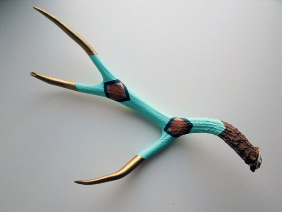 Aqua, Navy, Orange & Gold Diamond Painted Antler - Extra Large