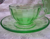 Vintage Green Depression Glass Cups and Saucers- Listing for One Set, Excellent condition Antiques