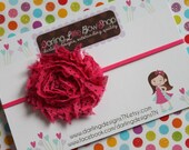 Baby Girl Hot Pink and Black Headband --- Polka Dot Shabby Rose on skinny elastic  --- Darling Little Bow Shop
